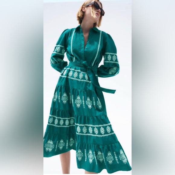 ZARA Sz L Tiered Ruffle Puff Sleeve Hidden Buttons Belted Embroidered Dress - Picture 2 of 10